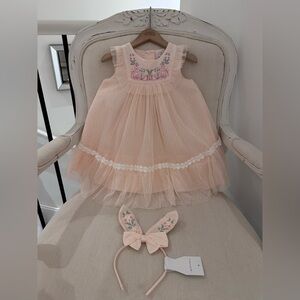 🩰 3T Ballet Pink Embroidered Tulle Bunny Toddler Easter Dress with Headband NWT